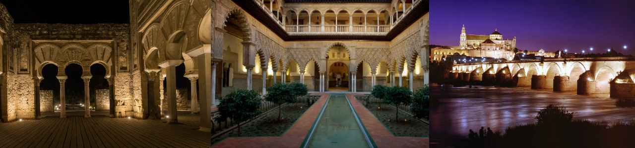 De izq. a drcha., Medina Azahara (Córdoba), Real Alcázar de Sevilla (Sevilla), Puente Romano de Córdoba