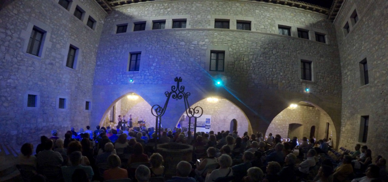 Congregación de personas delante dle castillo iluminado