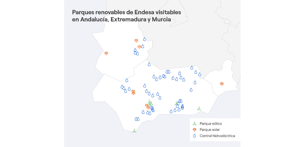 Mapa Andalucía, Extremadura y Murcia con las centrales renovables de Endesa visitables 
