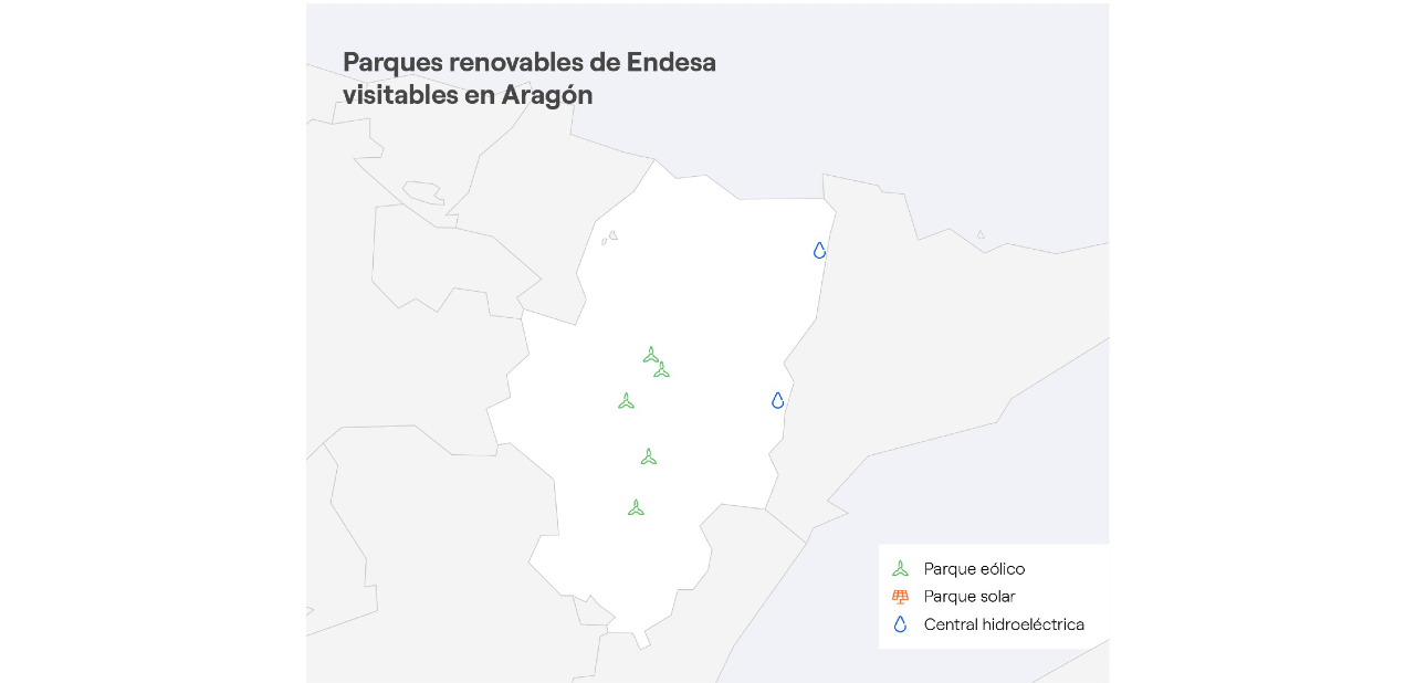 Mapa Aragón con las centrales renovables de Endesa visitables 