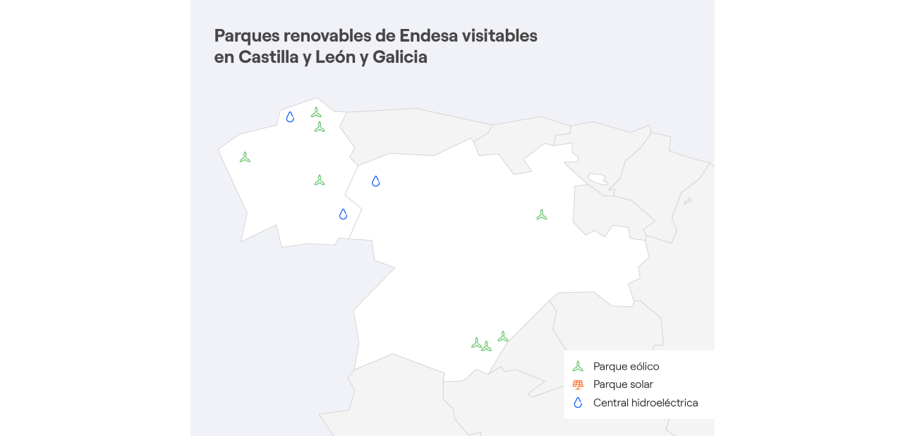 Mapa Castilla y León y Galicia con las centrales renovables de Endesa visitables 