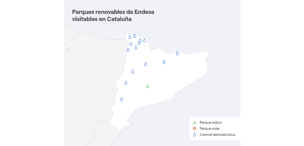 Mapa Cataluña con las centrales renovables de Endesa visitables 