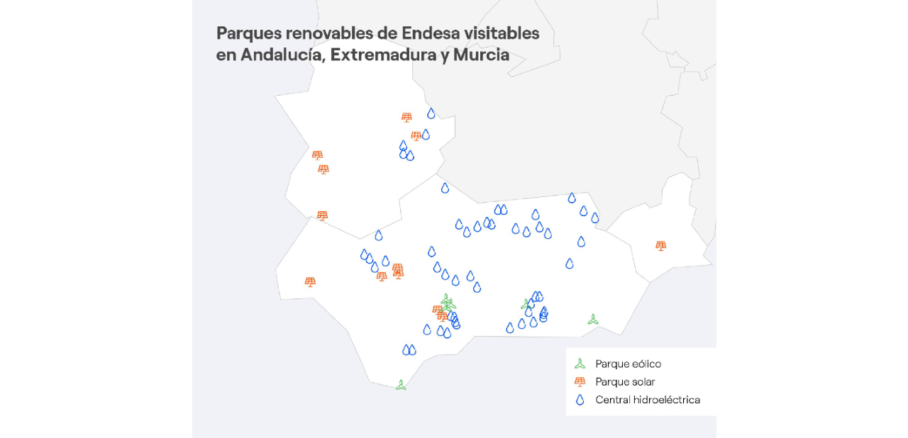 Mapa Andalucía, Extremadura y Murcia con las centrales renovables de Endesa visitables 