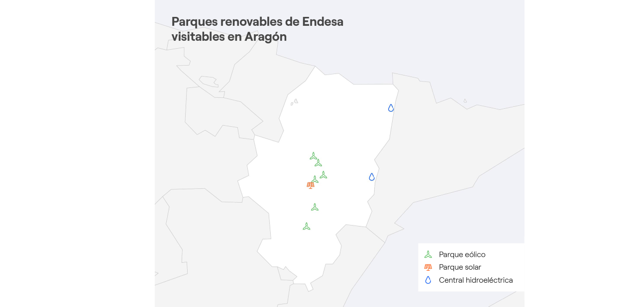 Mapa Aragón con las centrales renovables de Endesa visitables 