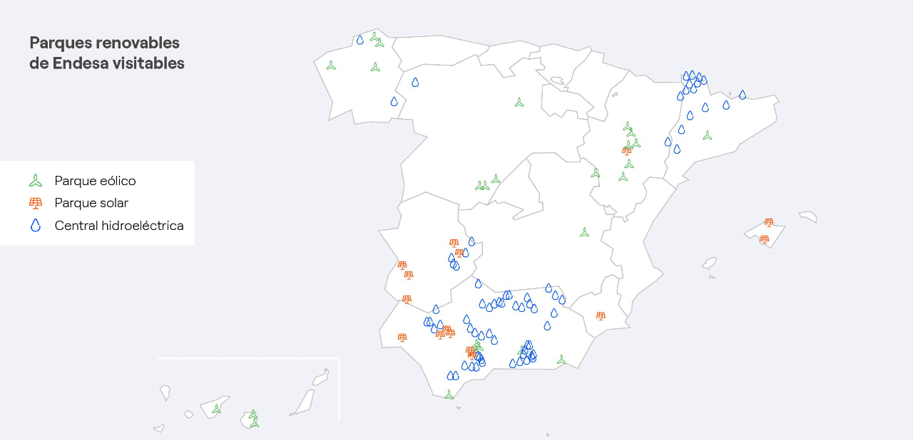 Mapa nacional con las centrales renovables de Endesa visitables 